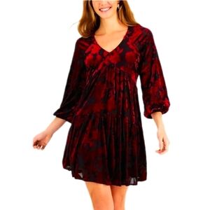 Taylor black red floral burnout velvet tiered babydoll long sleeve mini dress 10